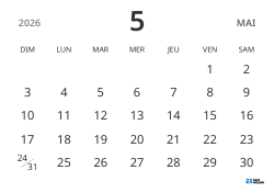 modèle de calendrier mensuel en format paysage, affichant uniquement les dates pour se concentrer sur la planification avec un design épuré