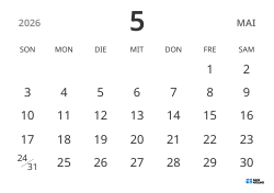 Monatskalender-Vorlage im Querformat, mit Datumsanzeige für fokussierte Terminplanung in schlichtem Design