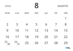 plantilla de calendario mensual en formato horizontal, con solo fechas para centrarse en la planificación con un diseño sencillo