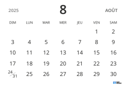 modèle de calendrier mensuel en format paysage, affichant uniquement les dates pour se concentrer sur la planification avec un design épuré