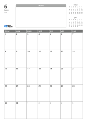 Plantilla de calendario mensual en formato vertical con un espacio de notas sin líneas y mini calendarios del mes anterior y siguiente en la parte superior, y una cuadrícula mensual de 7×5 en la parte inferior.