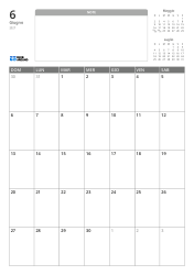 Modello di calendario mensile verticale con uno spazio note senza righe e mini calendari del mese precedente e successivo in alto, e una griglia mensile 7×5 in basso.