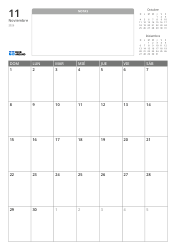 Plantilla de calendario mensual en formato vertical con un espacio de notas sin líneas y mini calendarios del mes anterior y siguiente en la parte superior, y una cuadrícula mensual de 7×5 en la parte inferior.