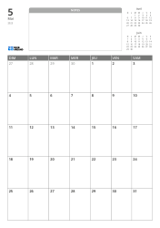 Modèle de calendrier mensuel au format portrait avec un espace de notes non ligné et des mini calendriers du mois précédent et suivant en haut, ainsi qu'une grille mensuelle 7×5 en bas.