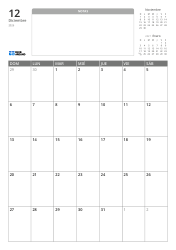 Plantilla de calendario mensual en formato vertical con un espacio de notas sin líneas y mini calendarios del mes anterior y siguiente en la parte superior, y una cuadrícula mensual de 7×5 en la parte inferior.