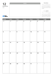 Modelo de calendário mensal em formato vertical com espaço de notas sem linhas e mini calendários do mês anterior e seguinte na parte superior, e uma grade mensal 7×5 na parte inferior.