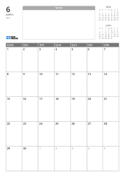 Modelo de calendário mensal em formato vertical com espaço de notas sem linhas e mini calendários do mês anterior e seguinte na parte superior, e uma grade mensal 7×5 na parte inferior.