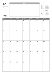 Modèle de calendrier mensuel au format portrait avec un espace de notes non ligné et des mini calendriers du mois précédent et suivant en haut, ainsi qu'une grille mensuelle 7×5 en bas.