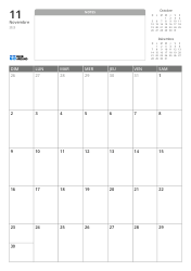 Modèle de calendrier mensuel au format portrait avec un espace de notes non ligné et des mini calendriers du mois précédent et suivant en haut, ainsi qu'une grille mensuelle 7×5 en bas.