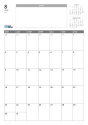 Modèle de calendrier mensuel au format portrait avec un espace de notes non ligné et des mini calendriers du mois précédent et suivant en haut, ainsi qu'une grille mensuelle 7×5 en bas.