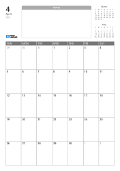 A portrait monthly calendar template featuring an unlined notes section and mini calendars for the previous and next months at the top, with a 7×5 monthly grid at the bottom.