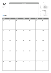 Üst kısımda çizgisiz not alanı ve önceki/sonraki ayın mini takvimleri, alt kısımda ise 7×5 aylık takvim bulunan dikey aylık takvim şablonu.