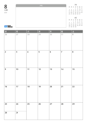 上部に無地のメモスペースと前月・翌月のミニカレンダー、下部に7×5の月間カレンダーを配置した縦向きの月間カレンダーテンプレート。