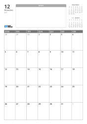 Modelo de calendário mensal em formato vertical com espaço de notas sem linhas e mini calendários do mês anterior e seguinte na parte superior, e uma grade mensal 7×5 na parte inferior.