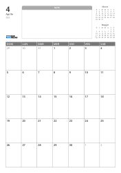 Modello di calendario mensile verticale con uno spazio note senza righe e mini calendari del mese precedente e successivo in alto, e una griglia mensile 7×5 in basso.