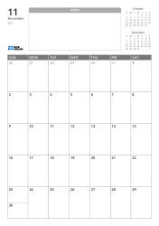 A portrait monthly calendar template featuring an unlined notes section and mini calendars for the previous and next months at the top, with a 7×5 monthly grid at the bottom.
