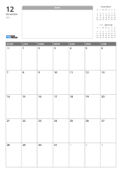 Modello di calendario mensile verticale con uno spazio note senza righe e mini calendari del mese precedente e successivo in alto, e una griglia mensile 7×5 in basso.