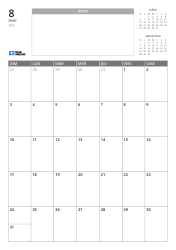 Modèle de calendrier mensuel au format portrait avec un espace de notes non ligné et des mini calendriers du mois précédent et suivant en haut, ainsi qu'une grille mensuelle 7×5 en bas.