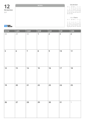 Plantilla de calendario mensual en formato vertical con un espacio de notas sin líneas y mini calendarios del mes anterior y siguiente en la parte superior, y una cuadrícula mensual de 7×5 en la parte inferior.