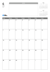 A portrait monthly calendar template featuring an unlined notes section and mini calendars for the previous and next months at the top, with a 7×5 monthly grid at the bottom.
