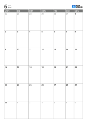 Monatskalender-Vorlage im Hochformat mit 6-Wochen-Ansicht ab Montag, erweiterten Werktagen und integriertem Wochenende, druckbarer Planungskalender