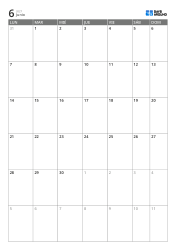 Plantilla de calendario mensual vertical de 6 semanas con inicio en lunes, días laborables ampliados y fin de semana integrado, calendario imprimible para planificación