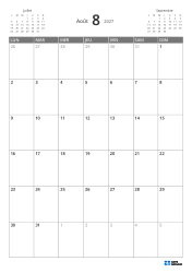 Calendrier mensuel vertical sur 5 semaines début lundi avec aperçu des mois et marges flexibles