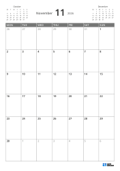 5-week portrait monthly calendar starting Monday with previous and next month preview and flexible margins