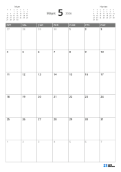 Pazartesi başlangıçlı 5 haftalık dikey aylık takvim, ay önizleme ve esnek boşluklar