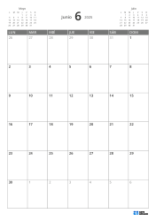 Calendario mensual vertical de 5 semanas con inicio en lunes, vista previa de meses y márgenes flexibles