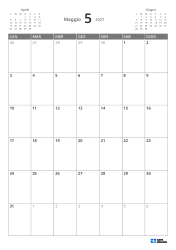 Calendario mensile verticale di 5 settimane con inizio lunedì, anteprima mesi e margini flessibili