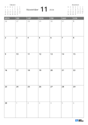 5-wöchiger Monatskalender im Hochformat mit Wochenstart am Montag, Vorschau auf Vor- und Folgemonat und flexiblem Randbereich