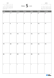 Calendário mensal vertical de 5 semanas com início na segunda-feira, pré-visualização e margens flexíveis