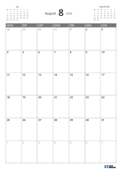 5-wöchiger Monatskalender im Hochformat mit Wochenstart am Montag, Vorschau auf Vor- und Folgemonat und flexiblem Randbereich