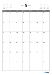 5-wöchiger Monatskalender im Hochformat mit Wochenstart am Montag, Vorschau auf Vor- und Folgemonat und flexiblem Randbereich