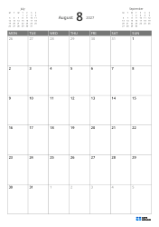 5-week portrait monthly calendar starting Monday with previous and next month preview and flexible margins