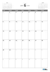 Calendrier mensuel vertical sur 5 semaines début lundi avec aperçu des mois et marges flexibles