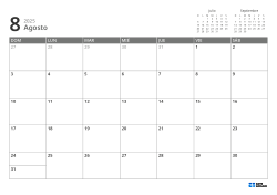 En la parte superior derecha hay mini calendarios del mes anterior y siguiente; abajo, un calendario mensual 7 × 5 – plantilla (Horizontal).