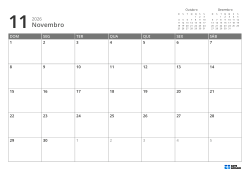 No canto superior direito estão mini calendários do mês anterior e do próximo; abaixo, calendário mensal 7 × 5 – modelo (Horizontal).