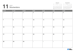 En la parte superior derecha hay mini calendarios del mes anterior y siguiente; abajo, un calendario mensual 7 × 5 – plantilla (Horizontal).