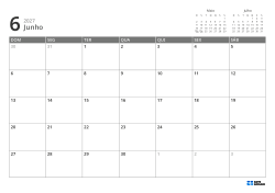 No canto superior direito estão mini calendários do mês anterior e do próximo; abaixo, calendário mensal 7 × 5 – modelo (Horizontal).