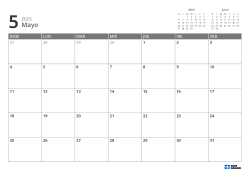 En la parte superior derecha hay mini calendarios del mes anterior y siguiente; abajo, un calendario mensual 7 × 5 – plantilla (Horizontal).