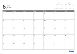 En la parte superior derecha hay mini calendarios del mes anterior y siguiente; abajo, un calendario mensual 7 × 5 – plantilla (Horizontal).