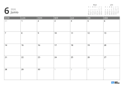 En la parte superior derecha hay mini calendarios del mes anterior y siguiente; abajo, un calendario mensual 7 × 5 – plantilla (Horizontal).