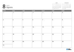 No canto superior direito estão mini calendários do mês anterior e do próximo; abaixo, calendário mensal 7 × 5 – modelo (Horizontal).