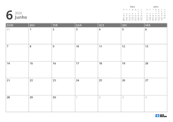 No canto superior direito estão mini calendários do mês anterior e do próximo; abaixo, calendário mensal 7 × 5 – modelo (Horizontal).