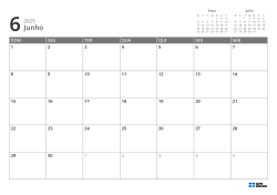 No canto superior direito estão mini calendários do mês anterior e do próximo; abaixo, calendário mensal 7 × 5 – modelo (Horizontal).
