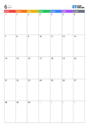 Monatskalender im Hochformat mit farbigen Regenbogen-Wochentagen, großen Tagesfeldern und übersichtlichem Layout für Monatsplanung und Notizen