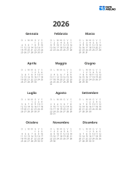 Modello di calendario annuale con mini calendari 3×4 e ampio spazio per scrivere (Verticale)