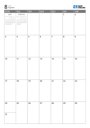 Calendário mensal 7 colunas × 5 linhas com mini calendários do mês anterior e do próximo exibidos no espaço livre – modelo (Vertical).